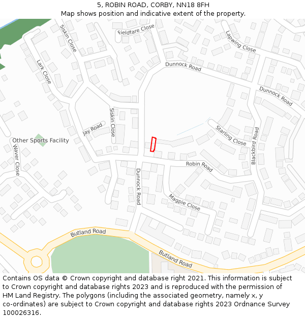 5, ROBIN ROAD, CORBY, NN18 8FH: Location map and indicative extent of plot