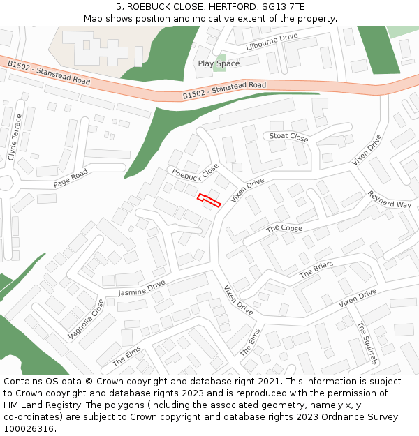 5, ROEBUCK CLOSE, HERTFORD, SG13 7TE: Location map and indicative extent of plot