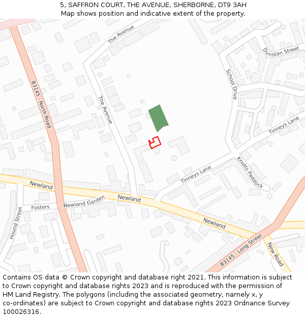 5, SAFFRON COURT, THE AVENUE, SHERBORNE, DT9 3AH: Location map and indicative extent of plot