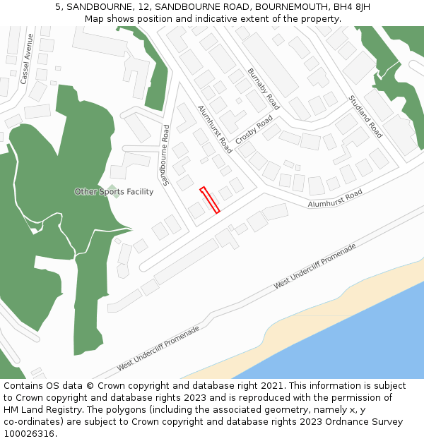 5, SANDBOURNE, 12, SANDBOURNE ROAD, BOURNEMOUTH, BH4 8JH: Location map and indicative extent of plot