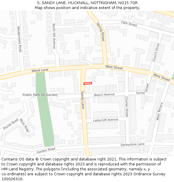 5, SANDY LANE, HUCKNALL, NOTTINGHAM, NG15 7GR: Location map and indicative extent of plot