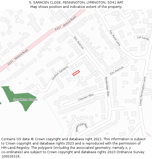 5, SARACEN CLOSE, PENNINGTON, LYMINGTON, SO41 8AT: Location map and indicative extent of plot