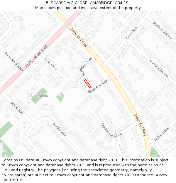 5, SCARSDALE CLOSE, CAMBRIDGE, CB4 1SL: Location map and indicative extent of plot