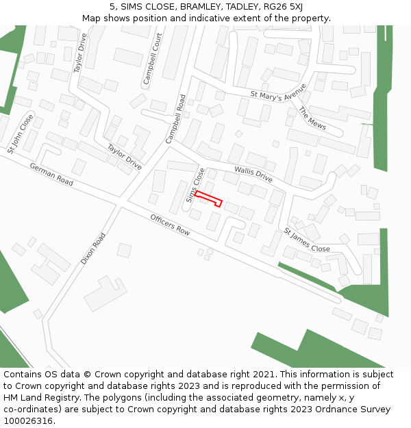 5, SIMS CLOSE, BRAMLEY, TADLEY, RG26 5XJ: Location map and indicative extent of plot