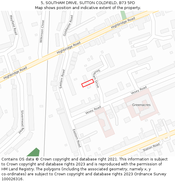 5, SOUTHAM DRIVE, SUTTON COLDFIELD, B73 5PD: Location map and indicative extent of plot