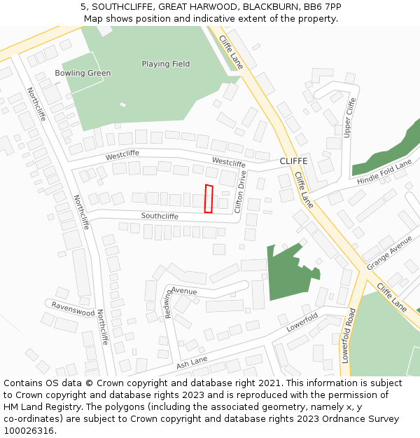 5, SOUTHCLIFFE, GREAT HARWOOD, BLACKBURN, BB6 7PP: Location map and indicative extent of plot