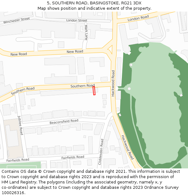 5, SOUTHERN ROAD, BASINGSTOKE, RG21 3DX: Location map and indicative extent of plot