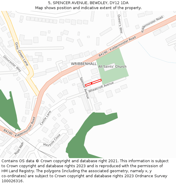 5, SPENCER AVENUE, BEWDLEY, DY12 1DA: Location map and indicative extent of plot
