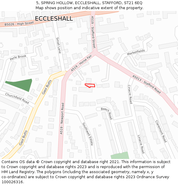5, SPRING HOLLOW, ECCLESHALL, STAFFORD, ST21 6EQ: Location map and indicative extent of plot