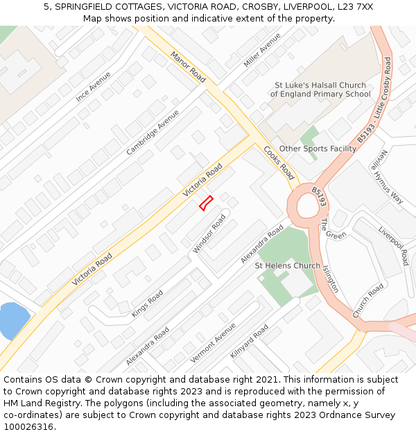 5, SPRINGFIELD COTTAGES, VICTORIA ROAD, CROSBY, LIVERPOOL, L23 7XX: Location map and indicative extent of plot