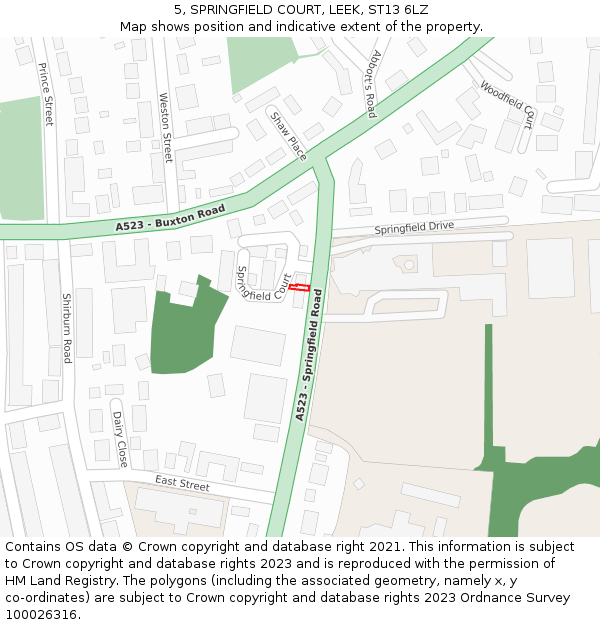 5, SPRINGFIELD COURT, LEEK, ST13 6LZ: Location map and indicative extent of plot