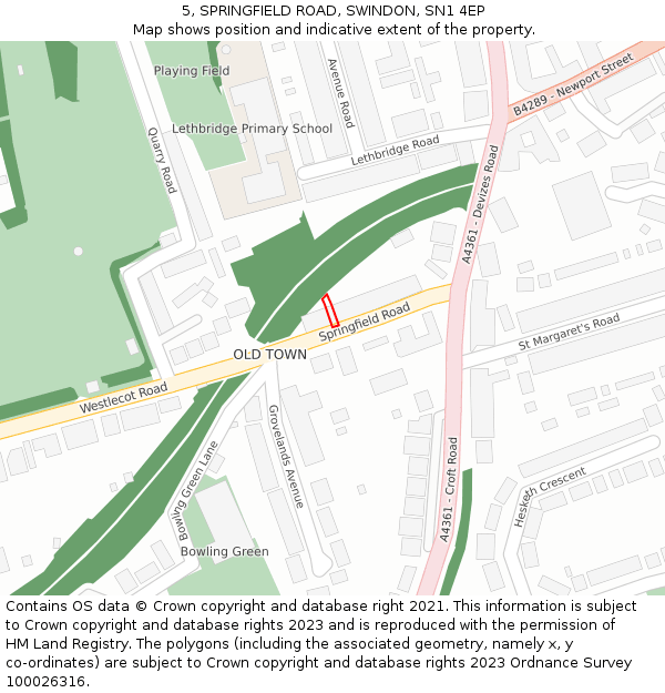 5, SPRINGFIELD ROAD, SWINDON, SN1 4EP: Location map and indicative extent of plot