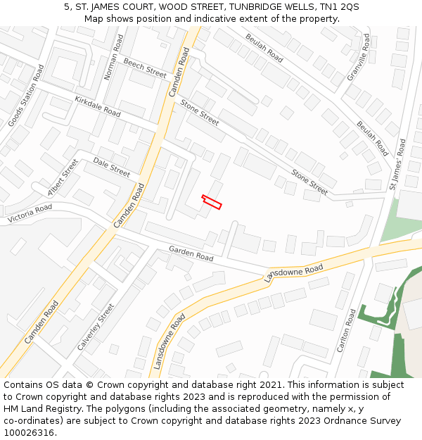 5, ST. JAMES COURT, WOOD STREET, TUNBRIDGE WELLS, TN1 2QS: Location map and indicative extent of plot