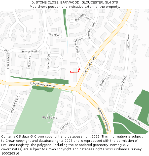 5, STONE CLOSE, BARNWOOD, GLOUCESTER, GL4 3TS: Location map and indicative extent of plot