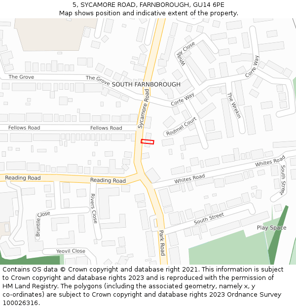 5, SYCAMORE ROAD, FARNBOROUGH, GU14 6PE: Location map and indicative extent of plot