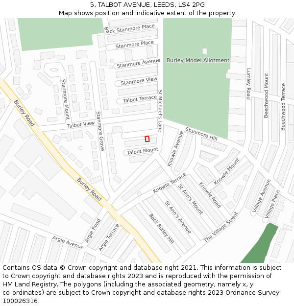 5, TALBOT AVENUE, LEEDS, LS4 2PG: Location map and indicative extent of plot
