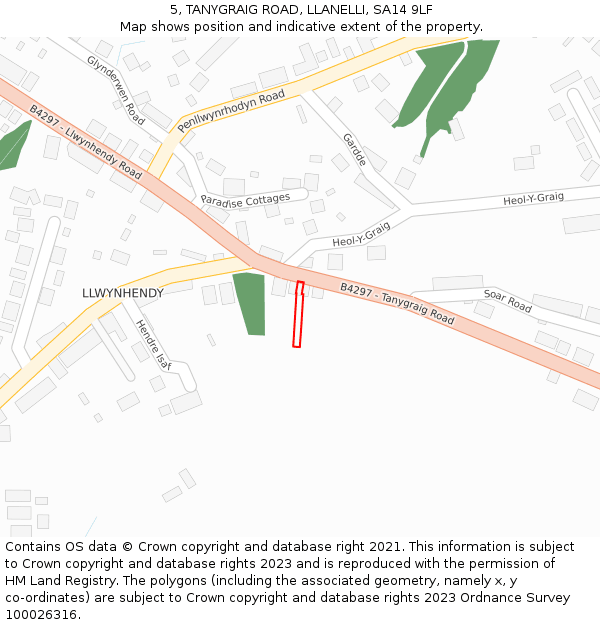 5, TANYGRAIG ROAD, LLANELLI, SA14 9LF: Location map and indicative extent of plot