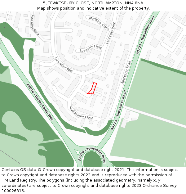 5, TEWKESBURY CLOSE, NORTHAMPTON, NN4 8NA: Location map and indicative extent of plot