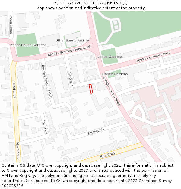 5, THE GROVE, KETTERING, NN15 7QQ: Location map and indicative extent of plot