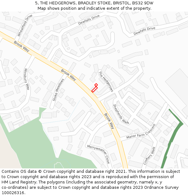 5, THE HEDGEROWS, BRADLEY STOKE, BRISTOL, BS32 9DW: Location map and indicative extent of plot