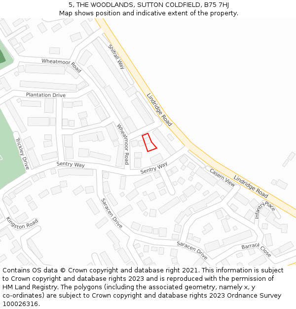 5, THE WOODLANDS, SUTTON COLDFIELD, B75 7HJ: Location map and indicative extent of plot