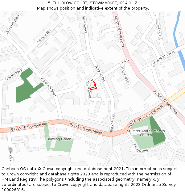 5, THURLOW COURT, STOWMARKET, IP14 1HZ: Location map and indicative extent of plot