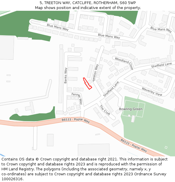 5, TREETON WAY, CATCLIFFE, ROTHERHAM, S60 5WP: Location map and indicative extent of plot