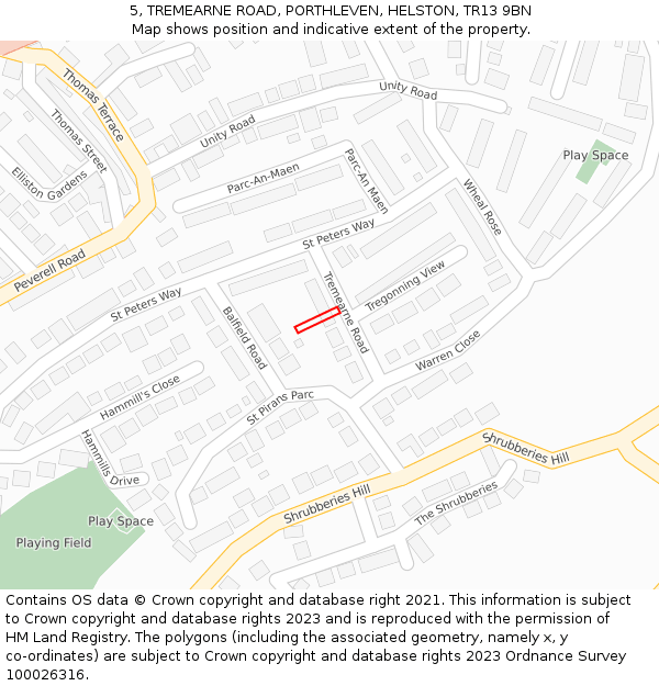 5, TREMEARNE ROAD, PORTHLEVEN, HELSTON, TR13 9BN: Location map and indicative extent of plot