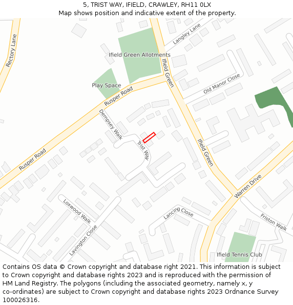 5, TRIST WAY, IFIELD, CRAWLEY, RH11 0LX: Location map and indicative extent of plot