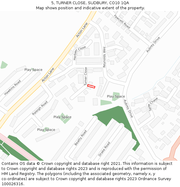 5, TURNER CLOSE, SUDBURY, CO10 1QA: Location map and indicative extent of plot