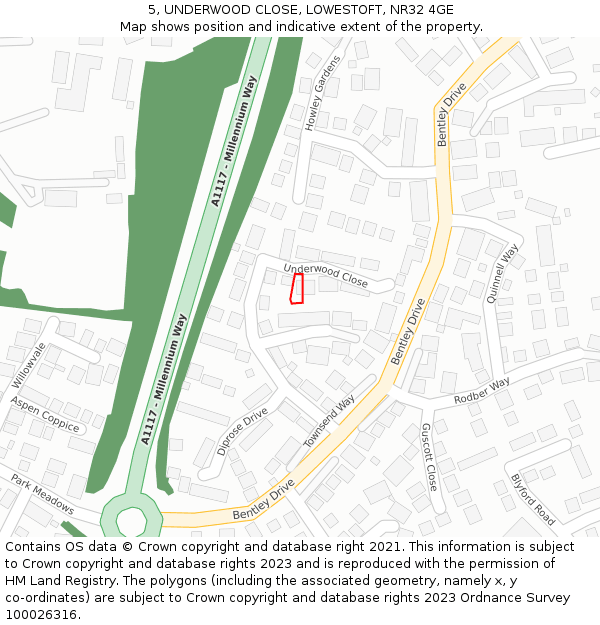 5, UNDERWOOD CLOSE, LOWESTOFT, NR32 4GE: Location map and indicative extent of plot