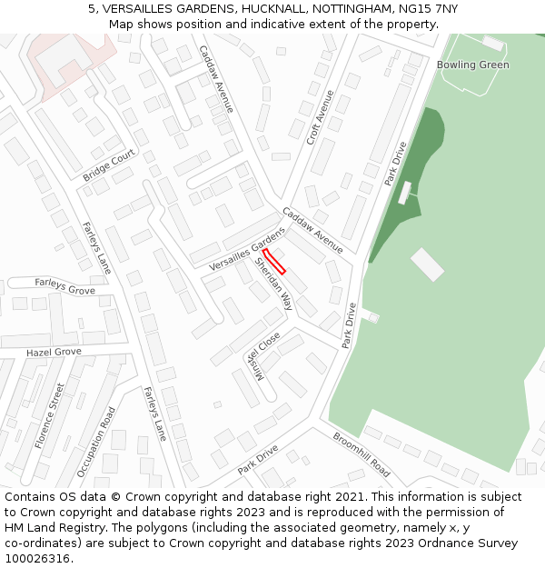 5, VERSAILLES GARDENS, HUCKNALL, NOTTINGHAM, NG15 7NY: Location map and indicative extent of plot