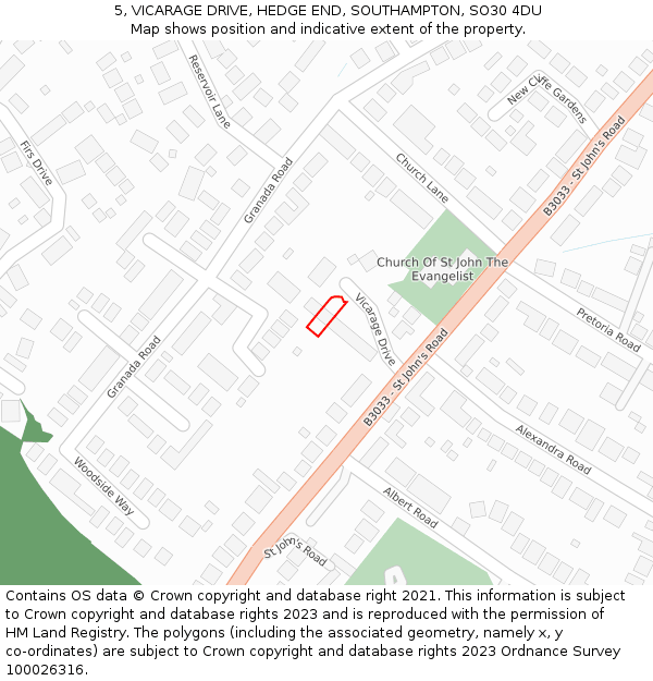 5, VICARAGE DRIVE, HEDGE END, SOUTHAMPTON, SO30 4DU: Location map and indicative extent of plot