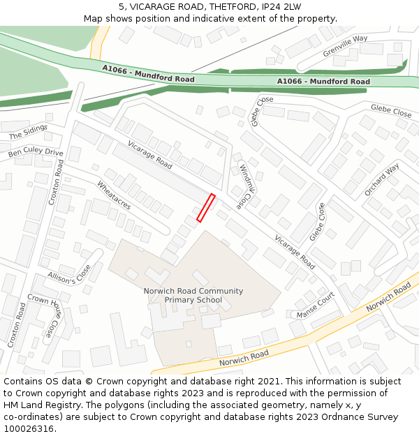 5, VICARAGE ROAD, THETFORD, IP24 2LW: Location map and indicative extent of plot