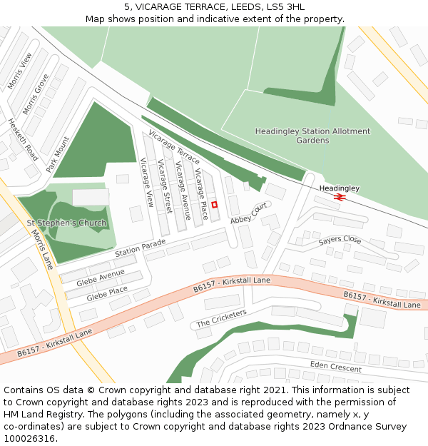 5, VICARAGE TERRACE, LEEDS, LS5 3HL: Location map and indicative extent of plot
