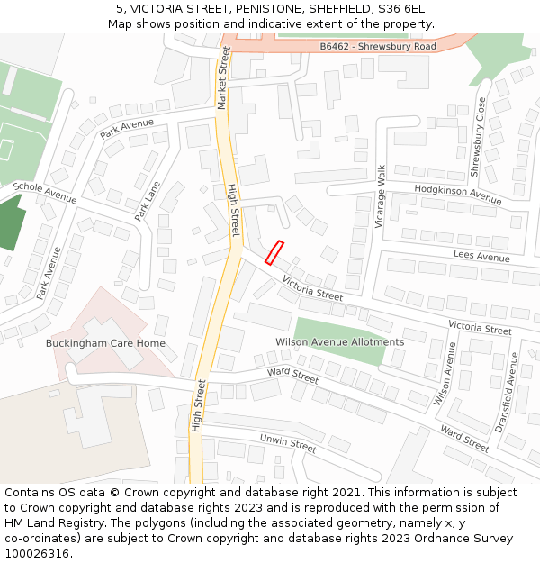 5, VICTORIA STREET, PENISTONE, SHEFFIELD, S36 6EL: Location map and indicative extent of plot