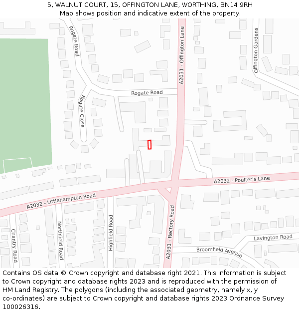 5, WALNUT COURT, 15, OFFINGTON LANE, WORTHING, BN14 9RH: Location map and indicative extent of plot