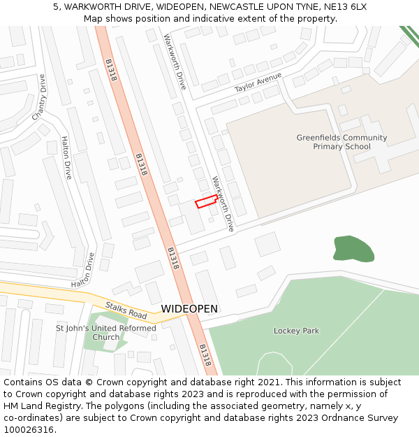 5, WARKWORTH DRIVE, WIDEOPEN, NEWCASTLE UPON TYNE, NE13 6LX: Location map and indicative extent of plot
