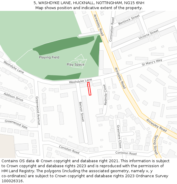 5, WASHDYKE LANE, HUCKNALL, NOTTINGHAM, NG15 6NH: Location map and indicative extent of plot