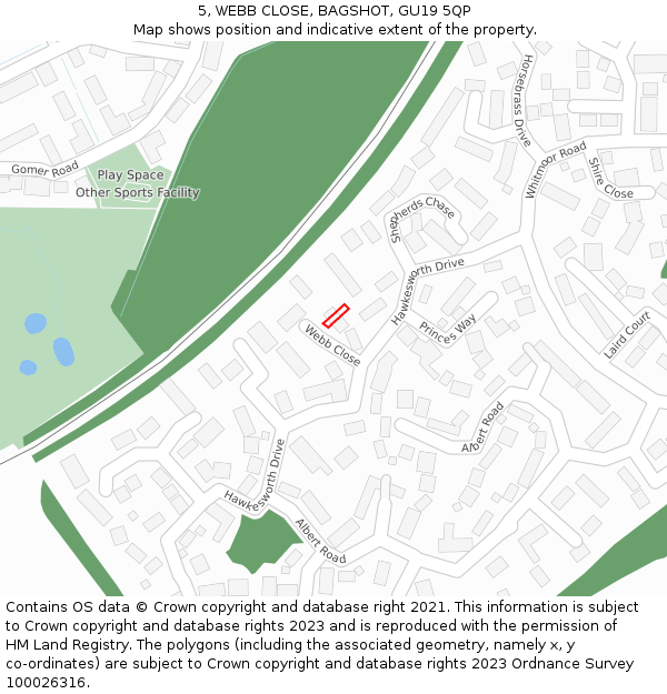 5, WEBB CLOSE, BAGSHOT, GU19 5QP: Location map and indicative extent of plot