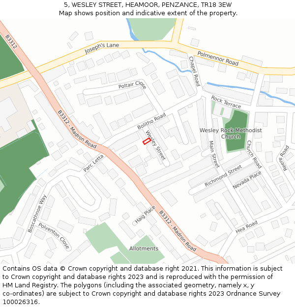 5, WESLEY STREET, HEAMOOR, PENZANCE, TR18 3EW: Location map and indicative extent of plot