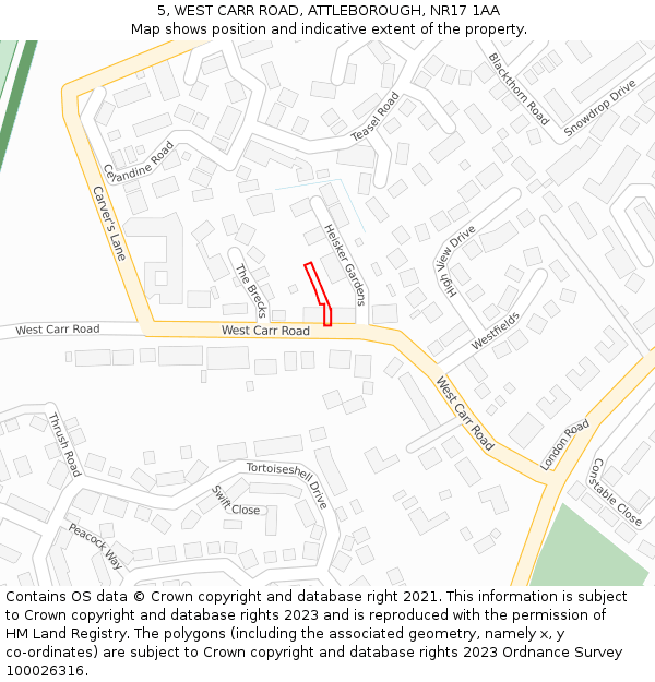 5, WEST CARR ROAD, ATTLEBOROUGH, NR17 1AA: Location map and indicative extent of plot
