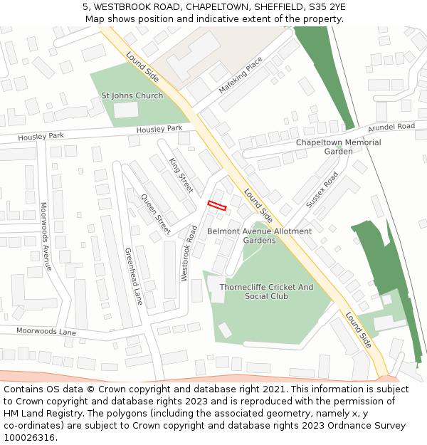 5, WESTBROOK ROAD, CHAPELTOWN, SHEFFIELD, S35 2YE: Location map and indicative extent of plot