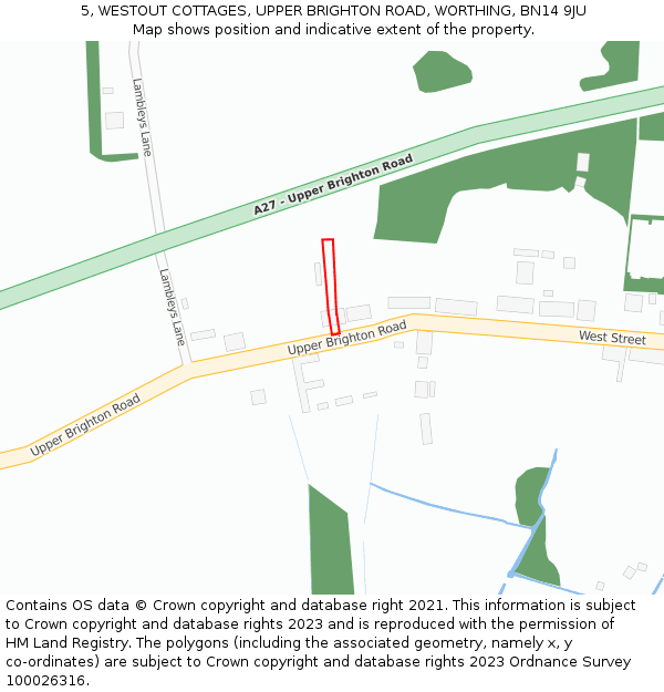 5, WESTOUT COTTAGES, UPPER BRIGHTON ROAD, WORTHING, BN14 9JU: Location map and indicative extent of plot