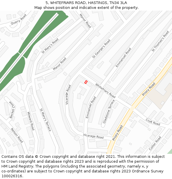 5, WHITEFRIARS ROAD, HASTINGS, TN34 3LA: Location map and indicative extent of plot