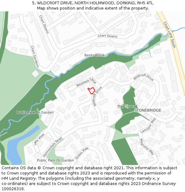 5, WILDCROFT DRIVE, NORTH HOLMWOOD, DORKING, RH5 4TL: Location map and indicative extent of plot
