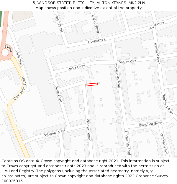 5, WINDSOR STREET, BLETCHLEY, MILTON KEYNES, MK2 2LN: Location map and indicative extent of plot