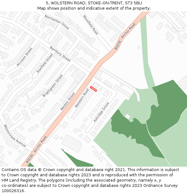 5, WOLSTERN ROAD, STOKE-ON-TRENT, ST3 5BU: Location map and indicative extent of plot