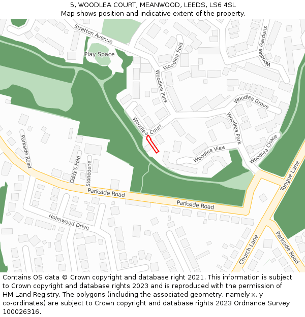 5, WOODLEA COURT, MEANWOOD, LEEDS, LS6 4SL: Location map and indicative extent of plot