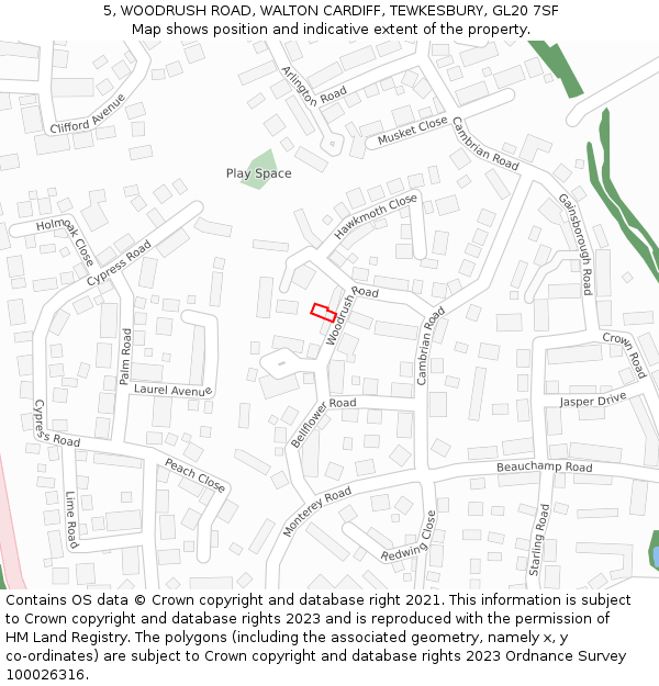 5, WOODRUSH ROAD, WALTON CARDIFF, TEWKESBURY, GL20 7SF: Location map and indicative extent of plot